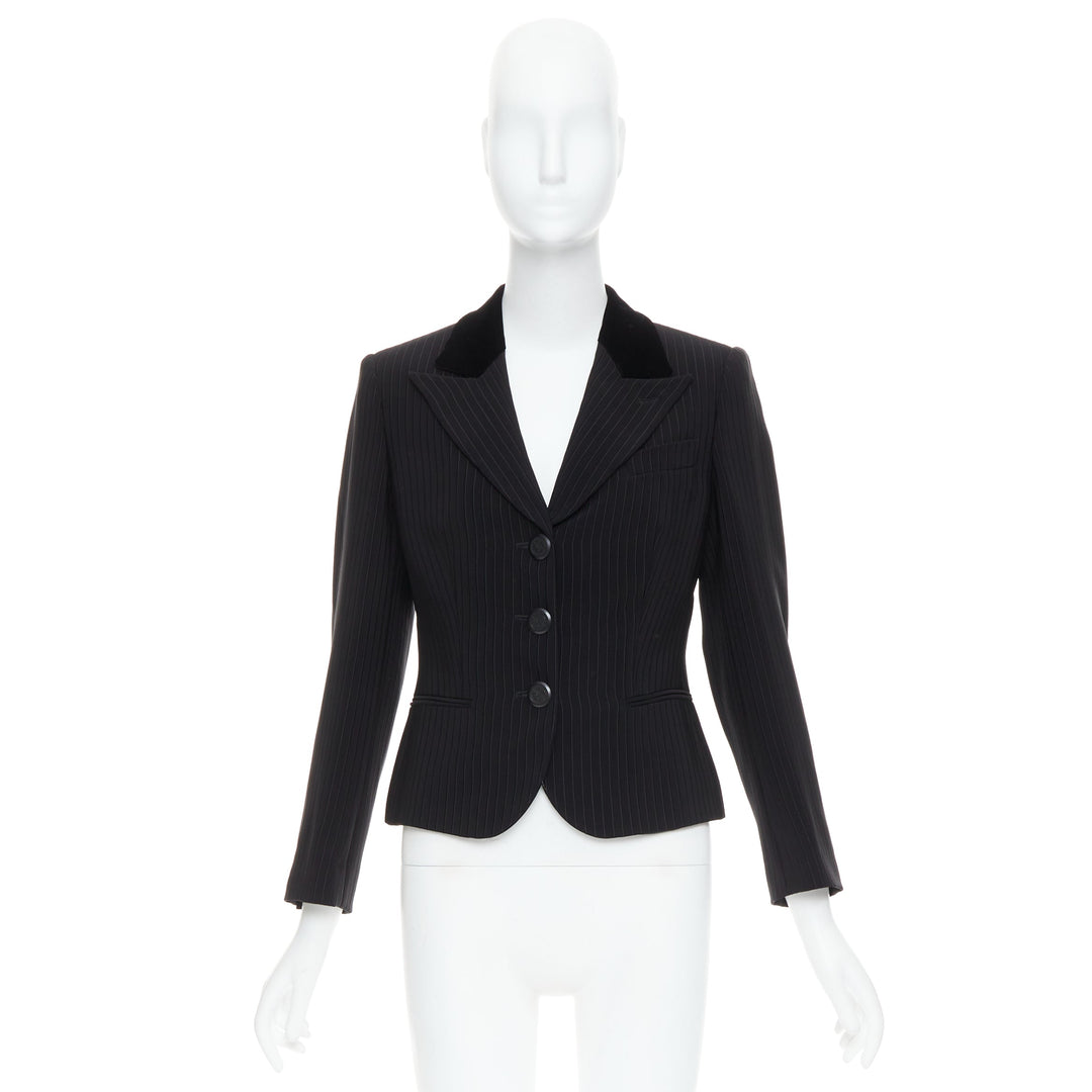 GIORGIO ARMANI black pinstripe velvet trim cropped tuxedo blazer IT40 S