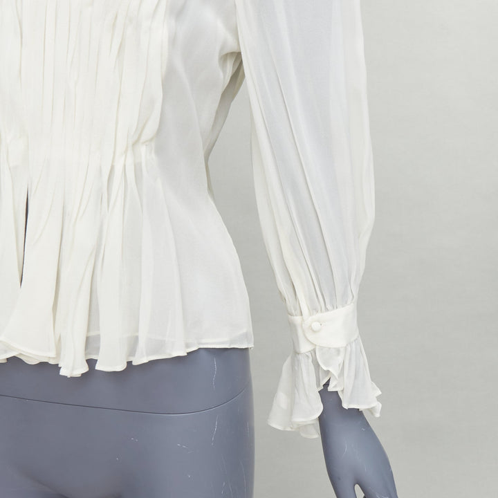 KHAITE Carlin ivory silk V-neck pleat front flare sleeve blouse US4 S