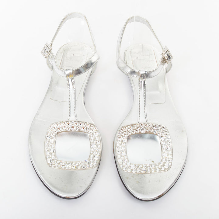 ROGER VIVIER silver crystal buckle metallic leather tstrap sandals EU37
