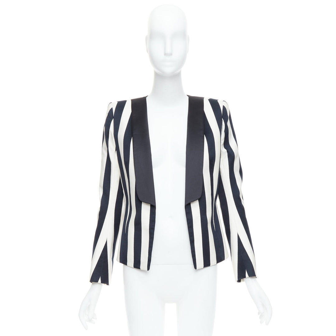 BALMAIN black white cotton blend bold striped power shoulder blazer FR38 M