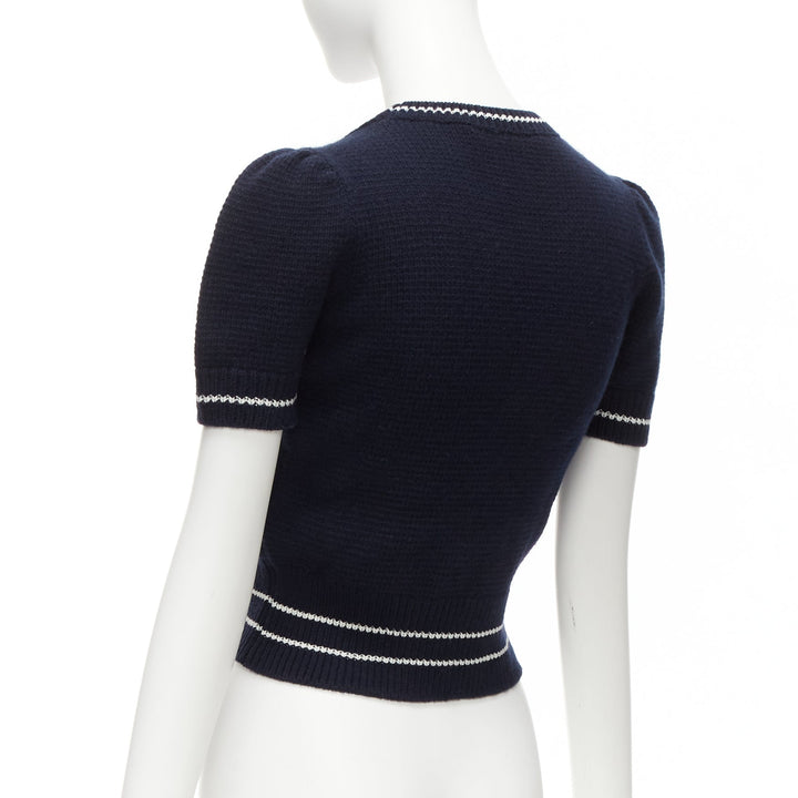 CHRISTIAN DIOR 2022 100% cashmere navy puff sleeve crew crop sweater FR34 XXS