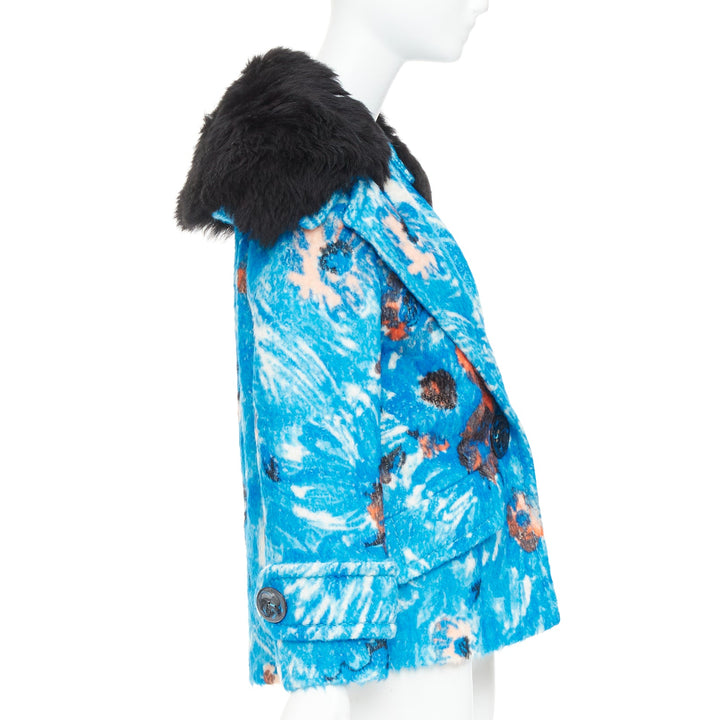PRADA 2017 Runway blue alpaca wool abstract floral fur collar pea coat IT36 XS