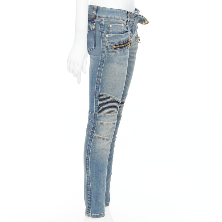 BALMAIN blue faded washed ribbed denim moto biker jeans FR36 S