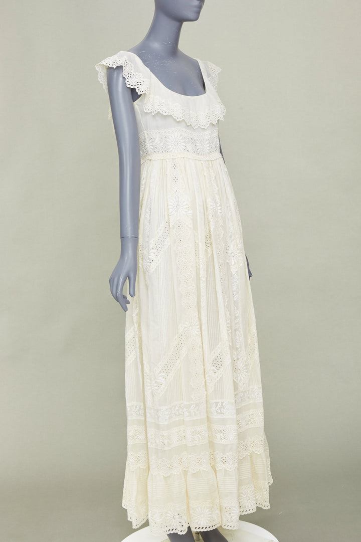 VALENTINO 2015 Runway Bridal ivory cotton embroidered pleated maxi dress IT40 S