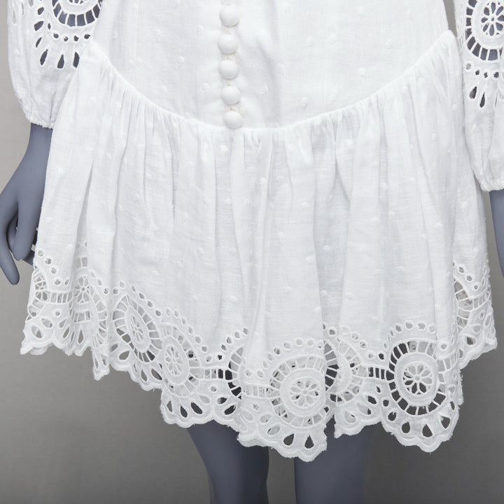 ZIMMERMANN Bellitude white linen lace victorian buttons scalloped dress Sz.1 S