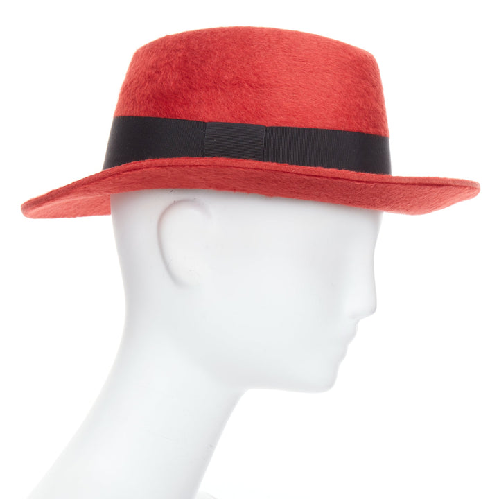 SAINT LAURENT red rabbit felt black grosgrain leather lined fedora hat