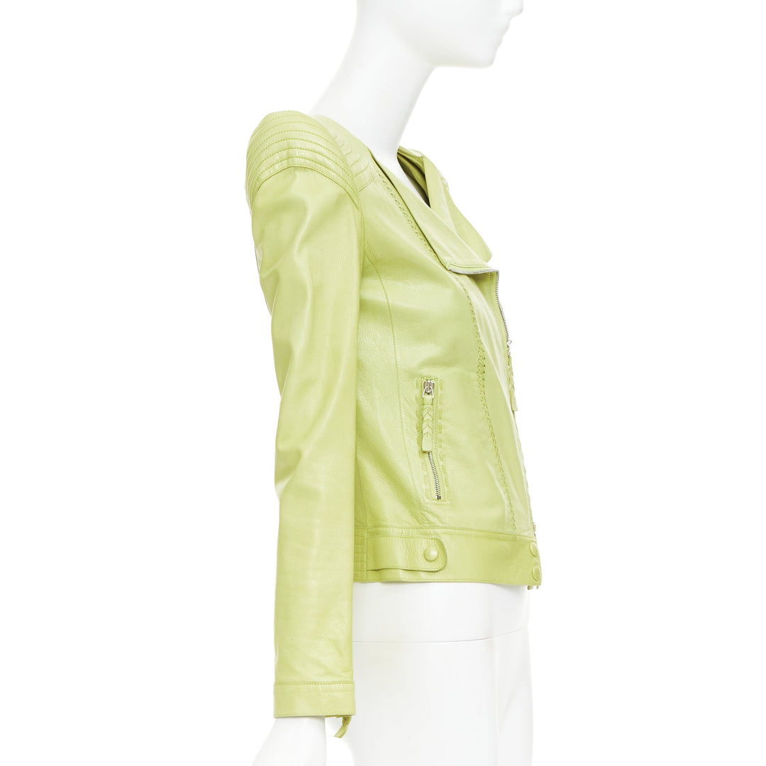ROBERTO CAVALLI lime green leather moto power shoulder biker jacket IT38 XS