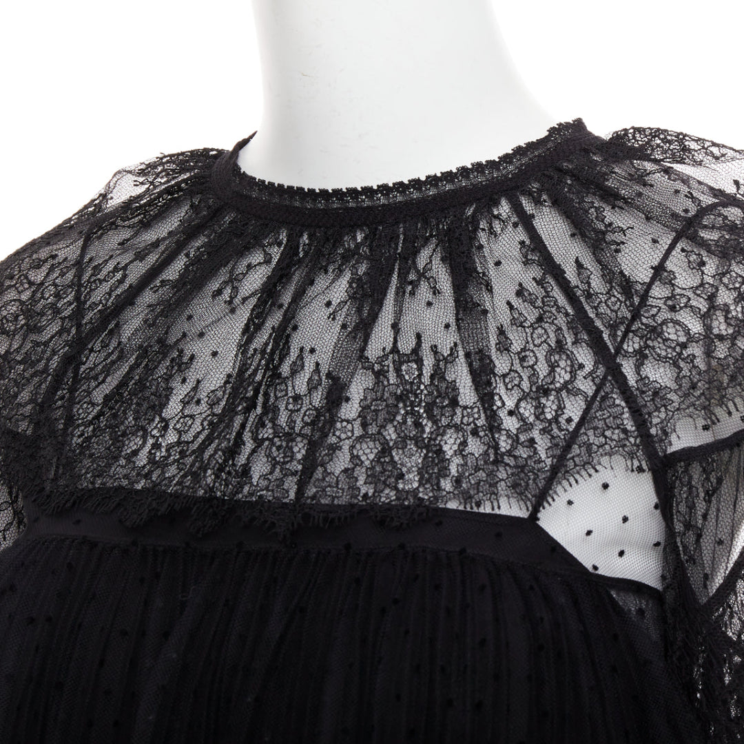CHRISTIAN DIOR 2017 black sheer polka dot smocked lace Victorian top FR34 XS