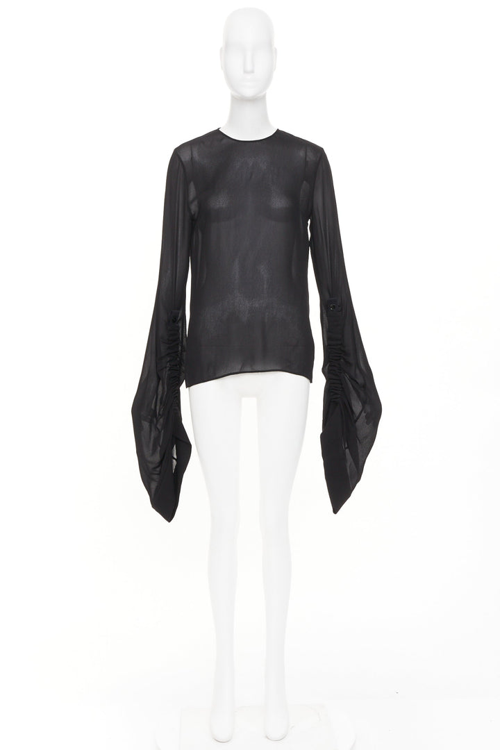 SAINT LAURENT 2017 sheer long sleeve ruched split cuff viscose shirt FR 36 S