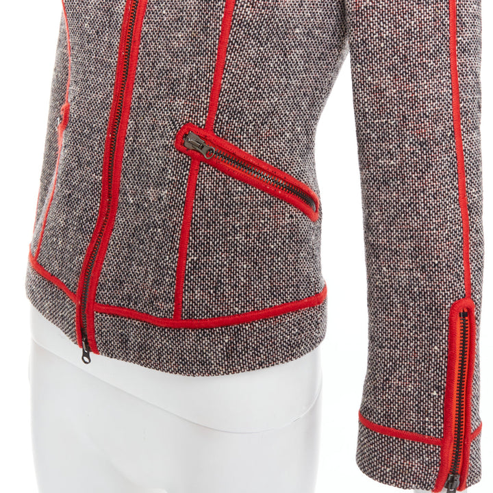 MOSCHINO CHEAP CHIC Vintage grey wool tweed red piping  moto jacket IT38 XS