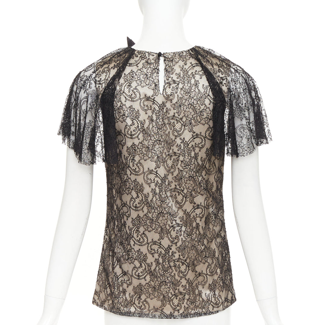 J MENDEL Chantilly Lace Blouse nude silk lined bow embellished top US2 S