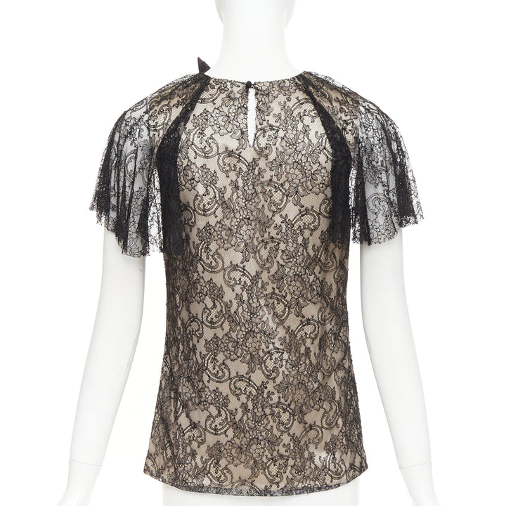 J MENDEL Chantilly Lace Blouse nude silk lined bow embellished top US2 S