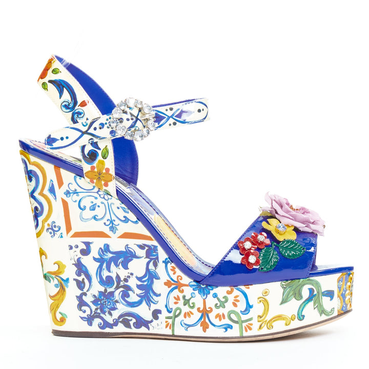 DOLCE GABBANA Bianca blue Majolica print floral embellish platform wedges EU38.5