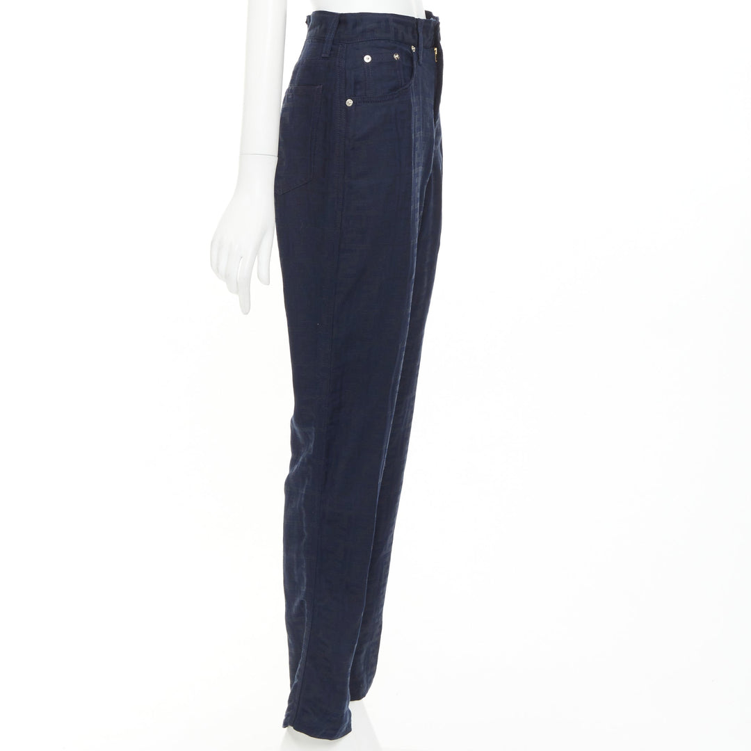 FENDI JEANS 1990s Vintage navy grey FF Zucca Monogram jacquard straight jean 29"