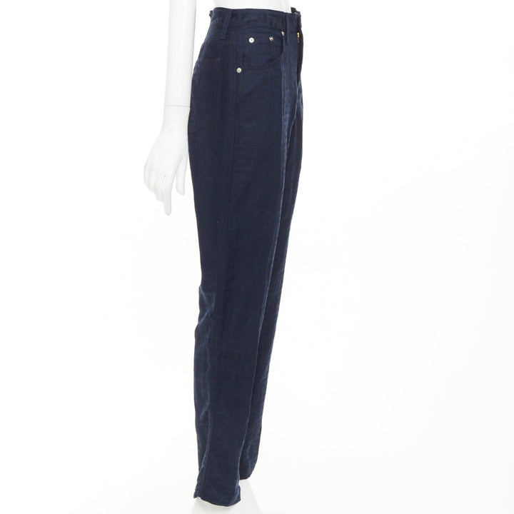 FENDI JEANS 1990s Vintage navy grey FF Zucca Monogram jacquard straight jean 29"