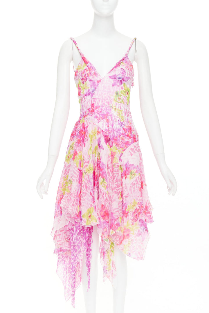 VERSACE 2023 Runway silk chiffon pink orchid logo chiffon pleated dress IT38
