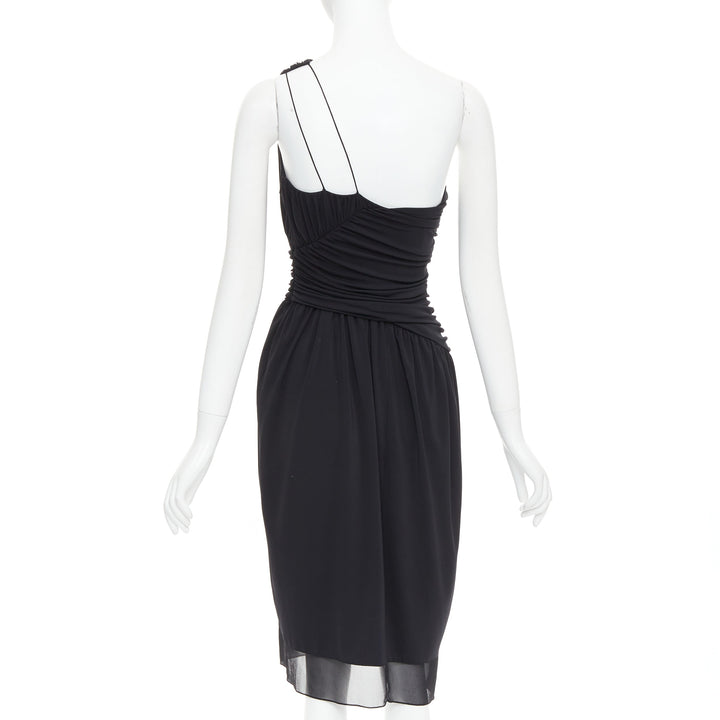 VERA WANG Vintage black one shoulder ruched waist silk lined dress US2 S