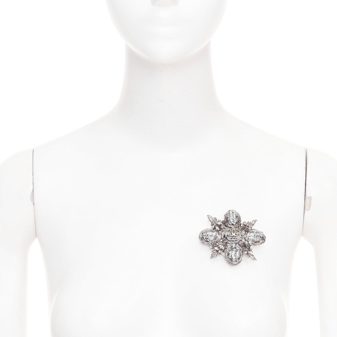 CHANEL Faux Marble Cabochon Leaf Medallion silver black CC floral pin brooch