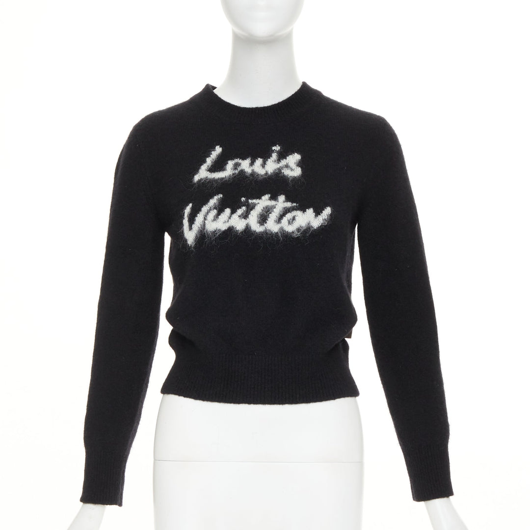 LOUIS VUITTON Cursive Signature black white wool blend fluffy logo sweater XS