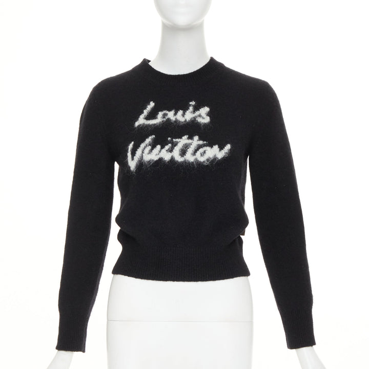 LOUIS VUITTON Cursive Signature black white wool blend fluffy logo sweater XS