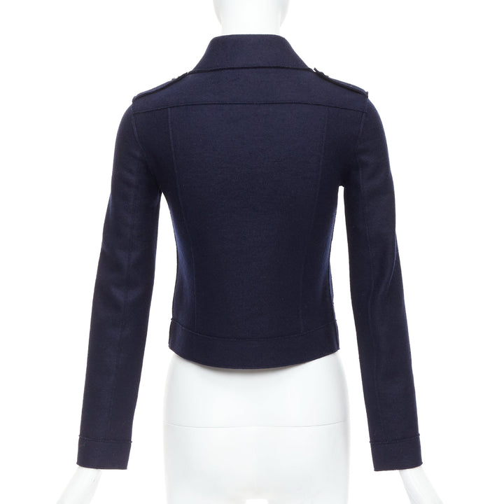 HARRIS WHARF LONDON navy virgin wool cropped biker jacket IT38 XS