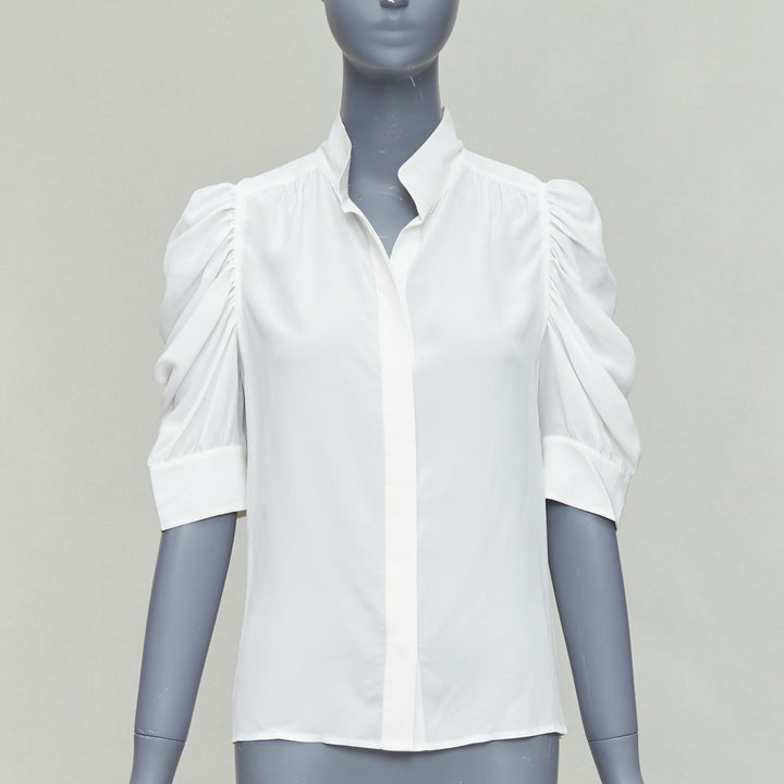 FRAME Gillian 100% silk off white puff half sleeve concealed buttons shirt XS