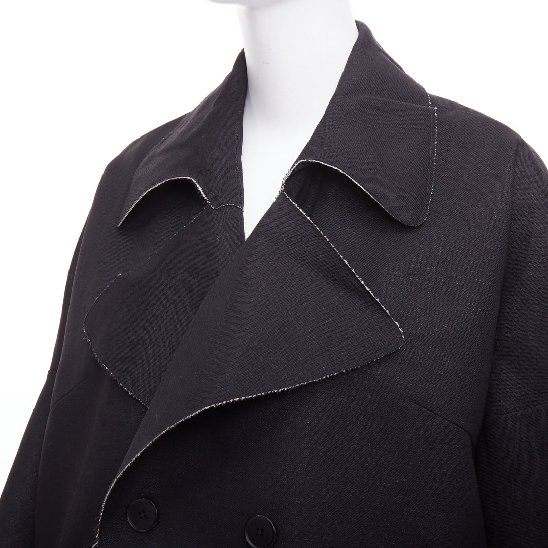 MARNI black wool linen frayed edge double breasted long coat IT38 XS