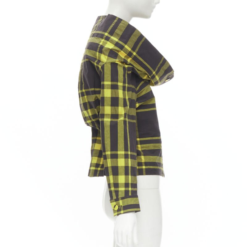 ISSEY MIYAKE Vintage black yellow check plaid cotton stand collar shirt S Rare