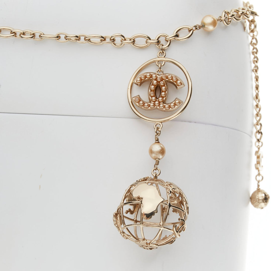 CHANEL 04A gold tone CC logo pearl globe charm chain belt necklace