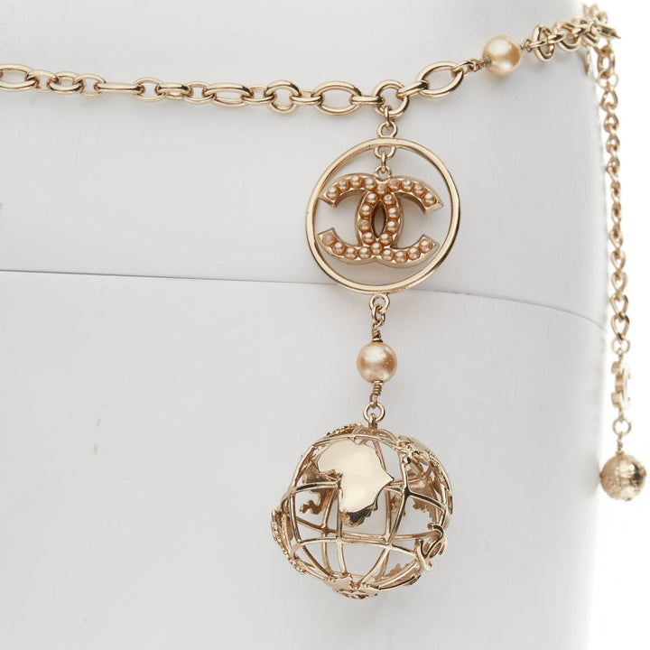 CHANEL 04A gold tone CC logo pearl globe charm chain belt necklace