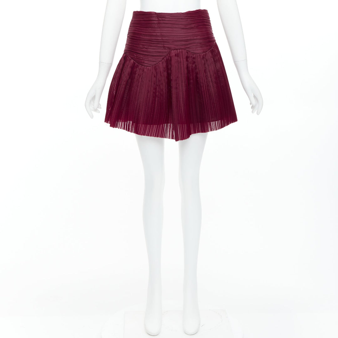 AJE Laurier Wave burgundy plisse organza high waist mini skirt UK6 XS