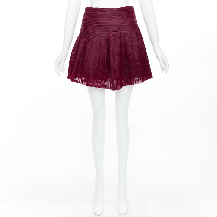 AJE Laurier Wave burgundy plisse organza high waist mini skirt UK6 XS