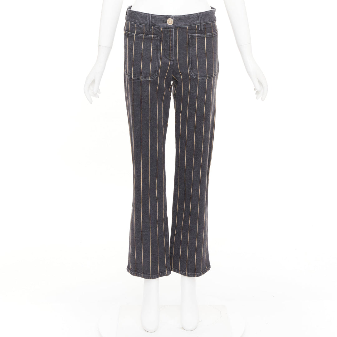 CHANEL washed dark gray gold chain trim bronze cc button straight jeans FR38 M