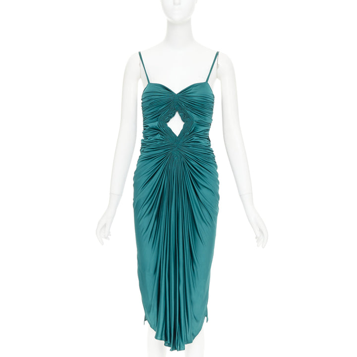 SOPHIA KOKOSALAKI teal green viscose silk grecian drape cut out dress IT38 XS