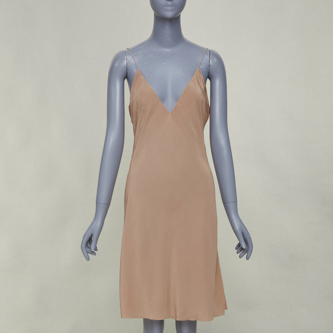 HERMES 100% silk nude spaghetti strap plunging mini slip lining dress FR40 L
