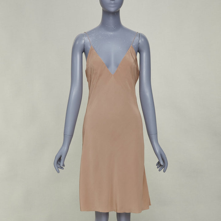 HERMES 100% silk nude spaghetti strap plunging mini slip lining dress FR40 L