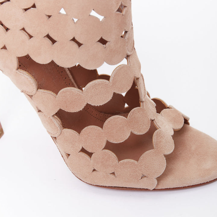ALAIA nude leather scallop cut out caged high heeled sandals EU35