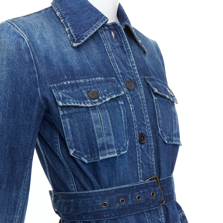 SAINT LAURENT Saharienne blue indigo washed denim belted safari shirt dress