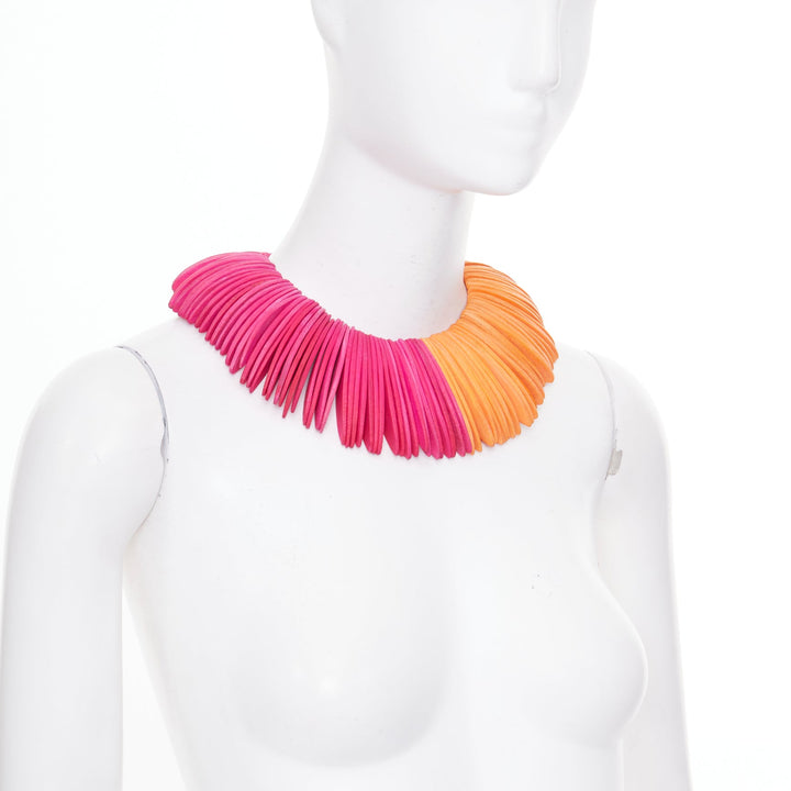 MONIES Gerda Lynggaard orange pink wood disc sculptural statement bib necklace