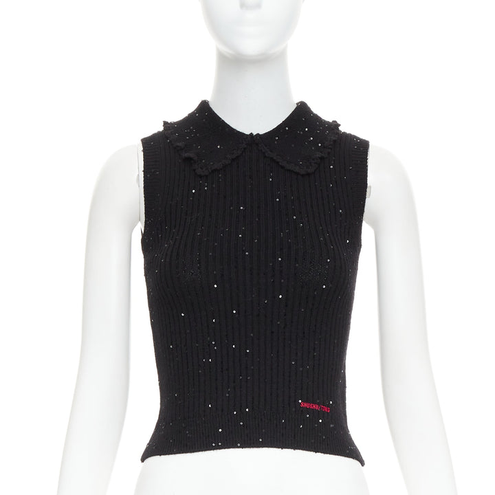 SHUSHU TONG black sequinned knit collared red logo rib crop vest UK6 XS