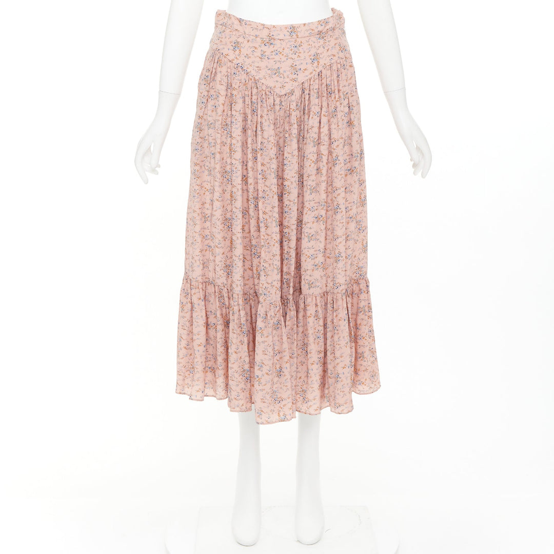 CELINE 100% silk pink blue prairie floral print midi skirt FR38 M