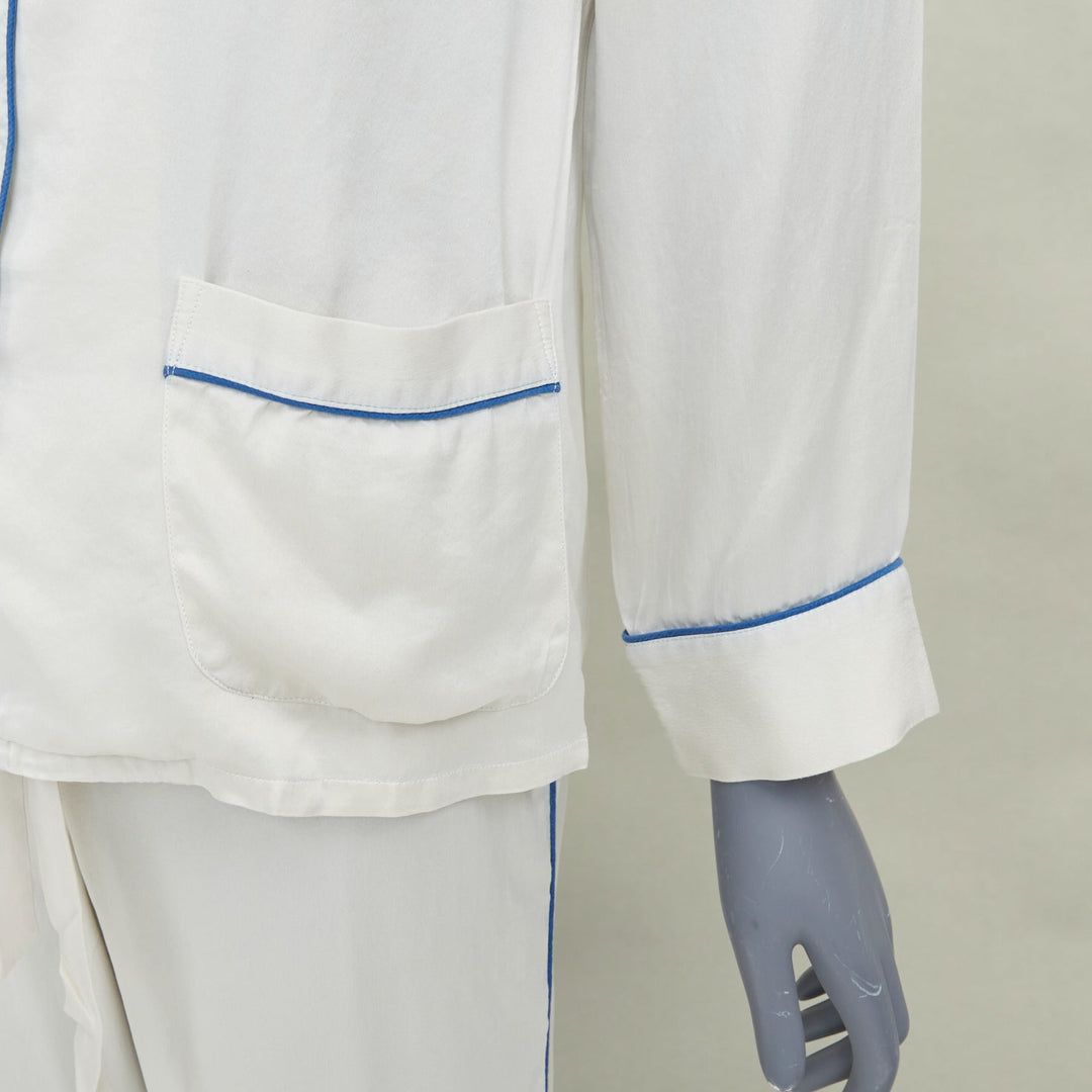 OLIVIA VON HALLE Coco ivory off white blue piping silk sleepwear set Sz1 S