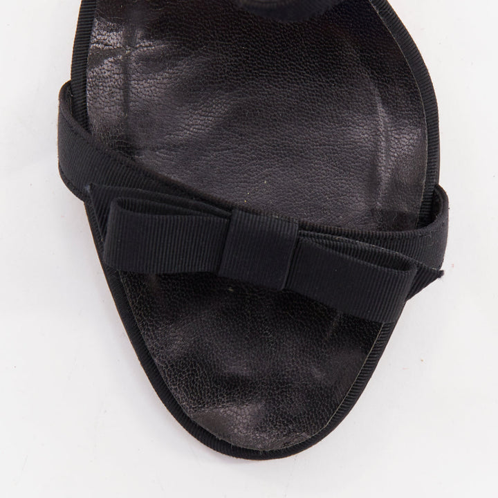 MANOLO BLAHNIK black grosgrain ribbon straps leather spool slipper heels EU37