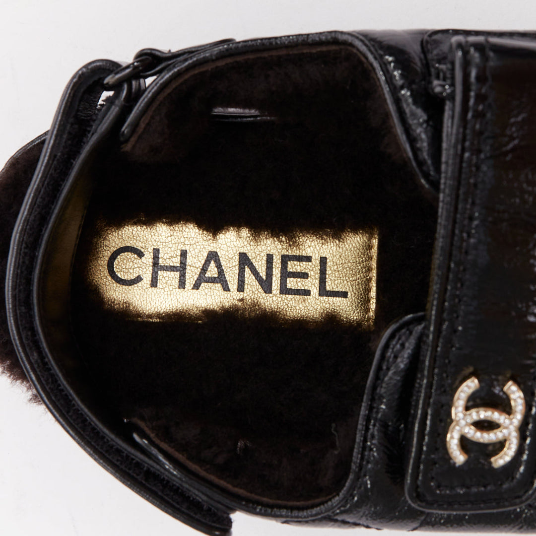 CHANEL 2023 black laminated lambskin shearling crystal CC dad sandals EU37