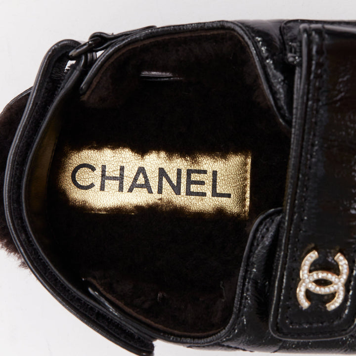 CHANEL 2023 black laminated lambskin shearling crystal CC dad sandals EU37
