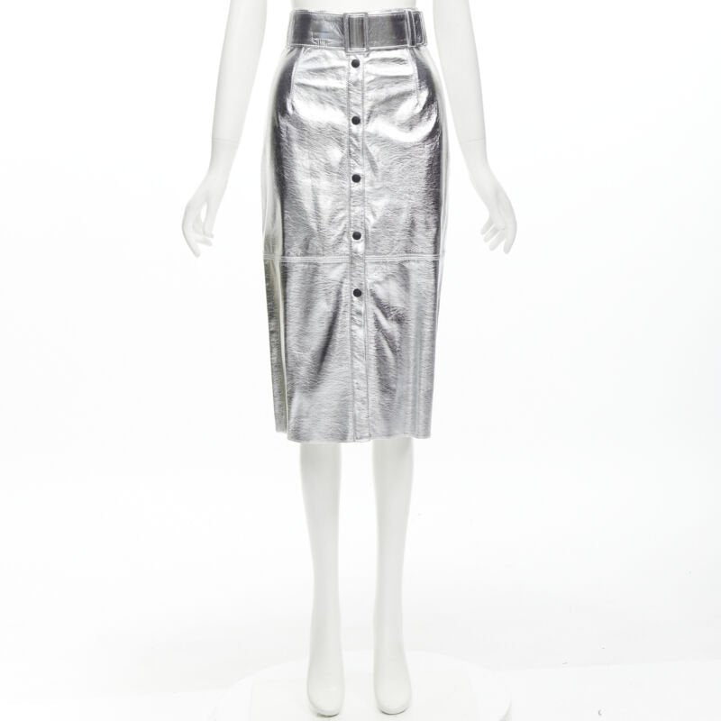 MSGM metallic silver faux leather oversized belt pencil skirt IT38 XS