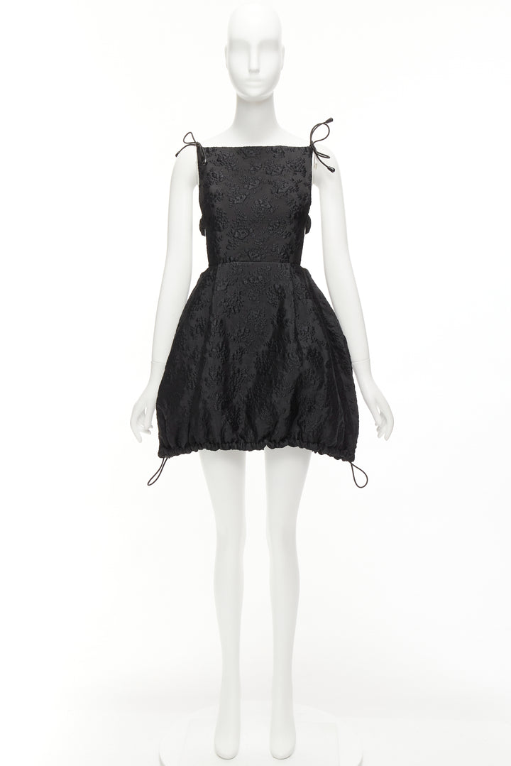 SHUSHU TONG black floral jacquard bungee cord ruched babydoll dress UK8 S