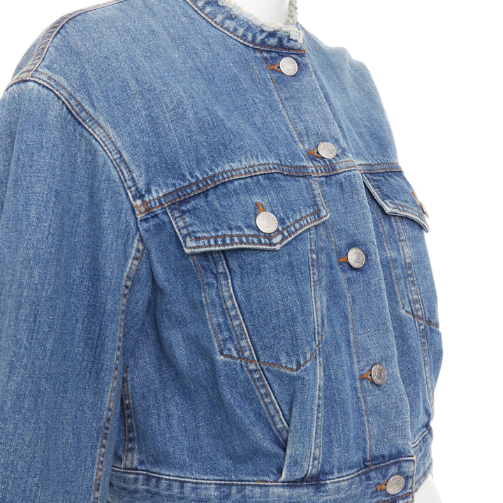 DRIES VAN NOTEN 2017 blue washed distressed 3/4 sleeve crop denim jacket FR38 M