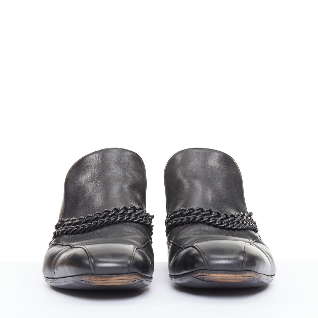 BOTTEGA VENETA 2011 black leather dual tonal chain flat square toe loafers EU43