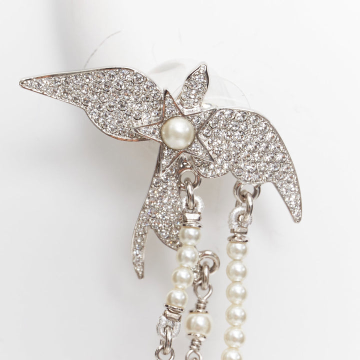 CHANEL C25S Swallow silver tone glass pearls rhinestones drop earrings Pair